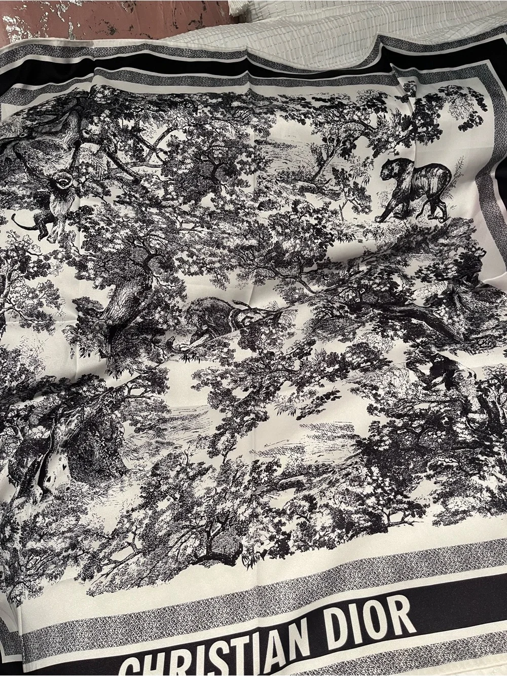 Dior Black and White Toile Silk Throw with Christian Dior Border